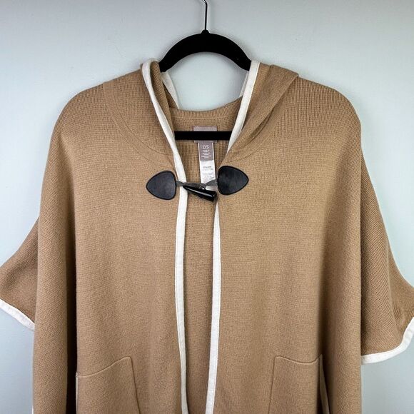 Chico’s Knit Poncho Cape Tan Cardigan Sweater Hooded Lagenlook Women One Size - Picture 2 of 15